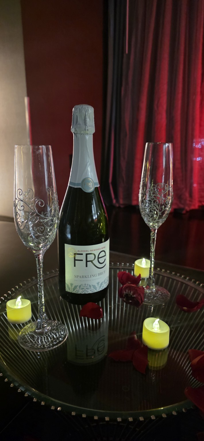 Las Vegas hotel room celebration with dice decor and charcuterie